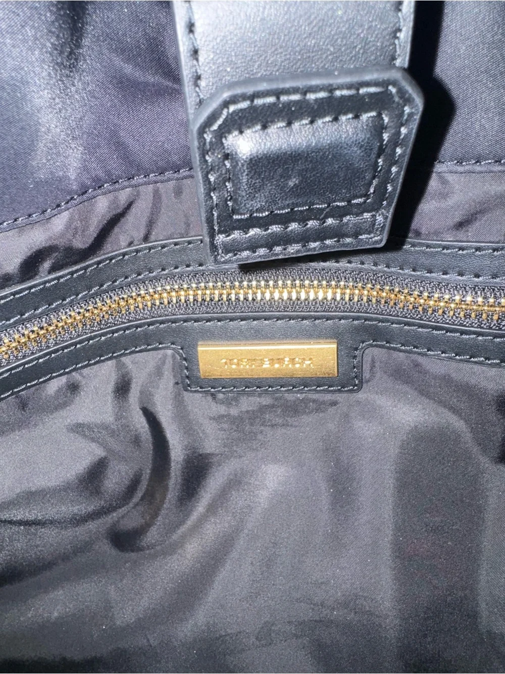 Tory Burch Black Large Nylon Logo Tote with Leather Trim